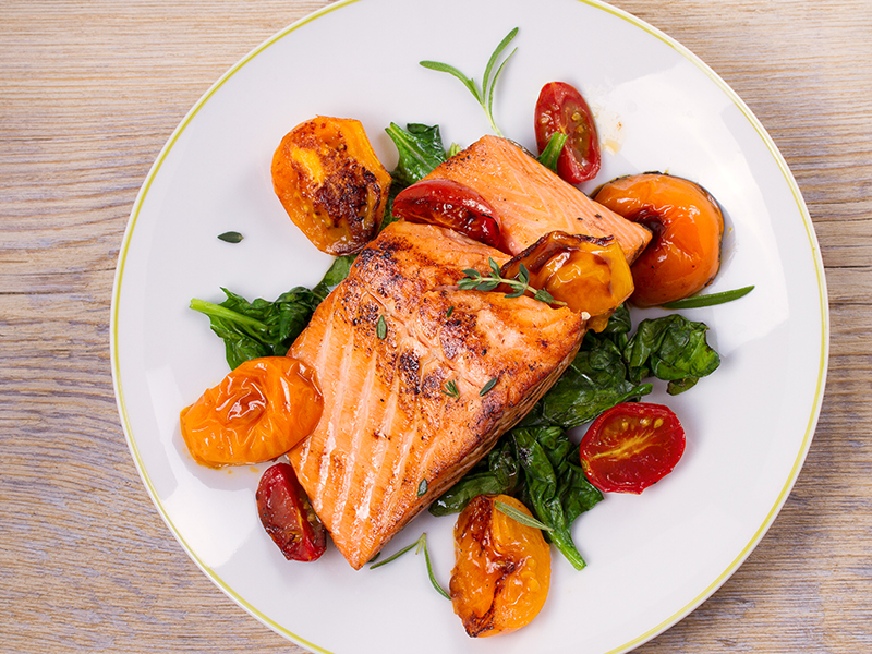 Balsamic glazed Sesame Salmon with Spicy Cherry Tomatoes and Spinach